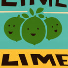 A stylized graphic print featuring three smiling green limes on a turquoise background, with the word 'LIME' in large dark brown letters at the top and bottom and a mustard yellow band across the lower section.