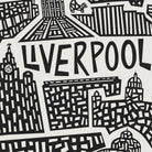 Black and white graphic print featuring stylized cityscape illustrations and the word 'LIVERPOOL' in large bold letters across the center.