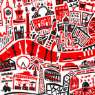A red, black, and white illustrated collage of London landmarks and street-style icons, including Big Ben, London Eye, Borough Market, and the London Eye, arranged in a repeating pattern on a white background.