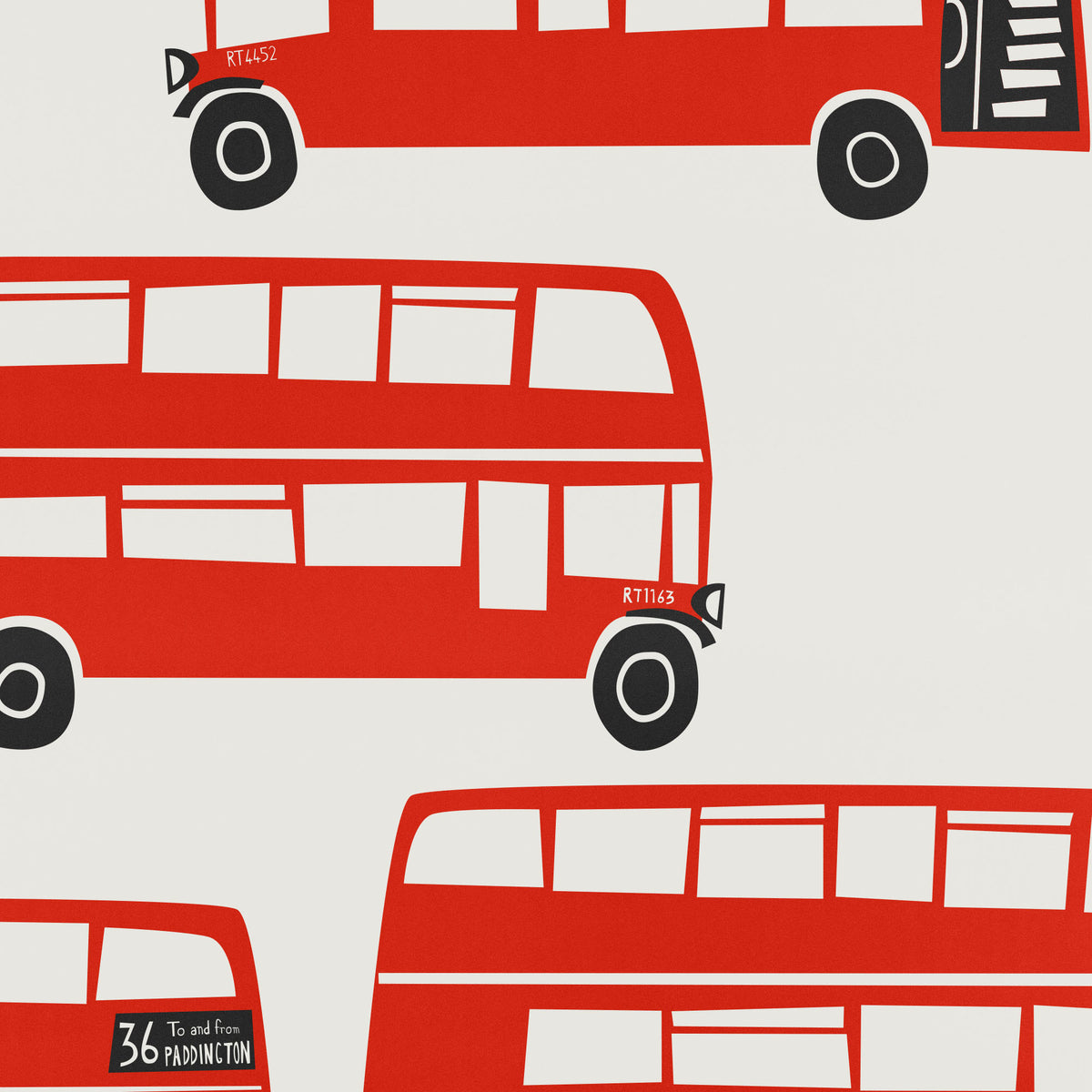 A repeating pattern of red double-decker buses with black wheels and white window cutouts on a light gray background.