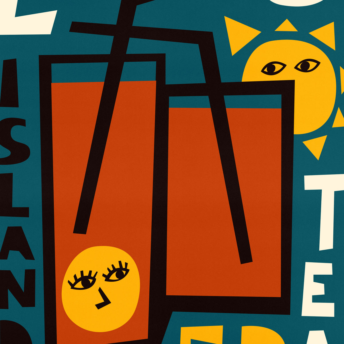 A colorful graphic art print featuring abstract geometric shapes, including two orange rectangular forms with black outlines and faces on yellow circles, alongside a yellow sun and dark teal background.