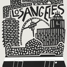 Black and white graphic print featuring a stylized cityscape with the word 'Los Angeles' in bold lettering, buildings, and a bridge, shown on a light background.