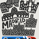 A graphic print featuring black silhouette illustrations of Madrid landmarks, including the Alhambra and Sagrada Familia, with the word 'MADRID' in bold letters, on a light gray background.