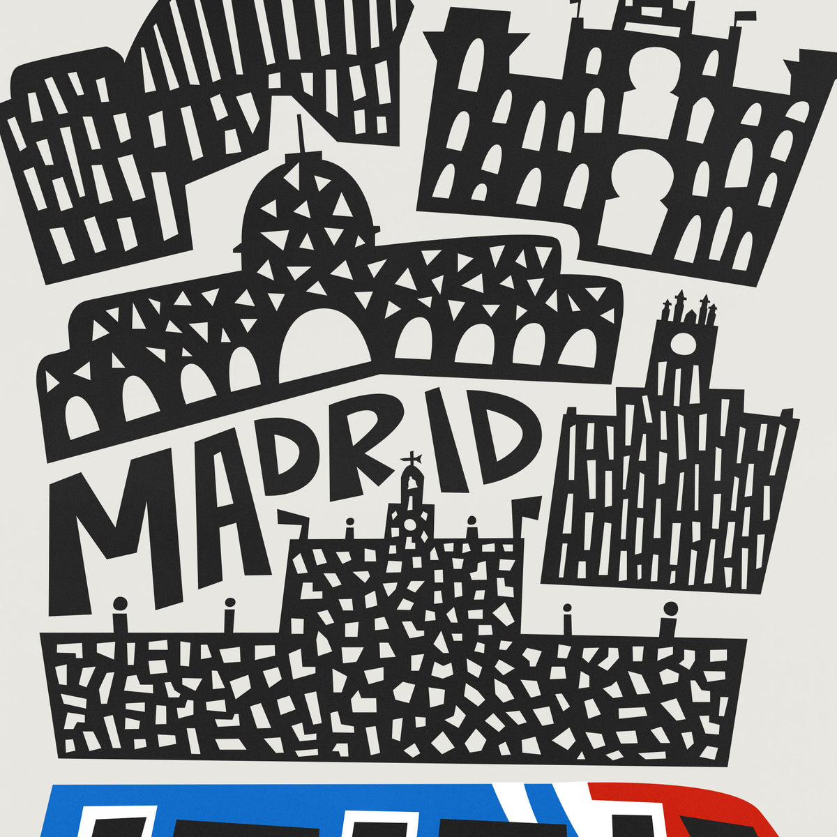 A graphic print featuring black silhouette illustrations of Madrid landmarks, including the Alhambra and Sagrada Familia, with the word 'MADRID' in bold letters, on a light gray background.