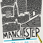 A stylized black-and-white illustrated cityscape of Manchester with the word "MANCHESTER" in large bold letters and a small blue-and-yellow striped element at the bottom right.