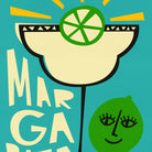 A stylized graphic illustration of a margarita glass with a green lime wheel garnish, large cream lettering reading 'MARGA', and a green lime face on a turquoise background.