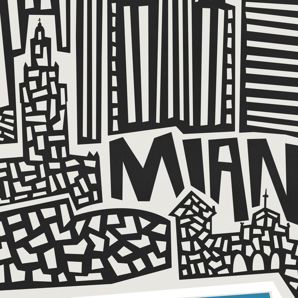 A close-up of a black and white graphic print featuring stylized city buildings and the word 'MIAMI' in bold letters.