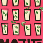 A repeating pattern of illustrated tall glasses filled with a pale pink drink, each decorated with green leaves and lime slices, on a bright pink background with partial bold dark text at the bottom.