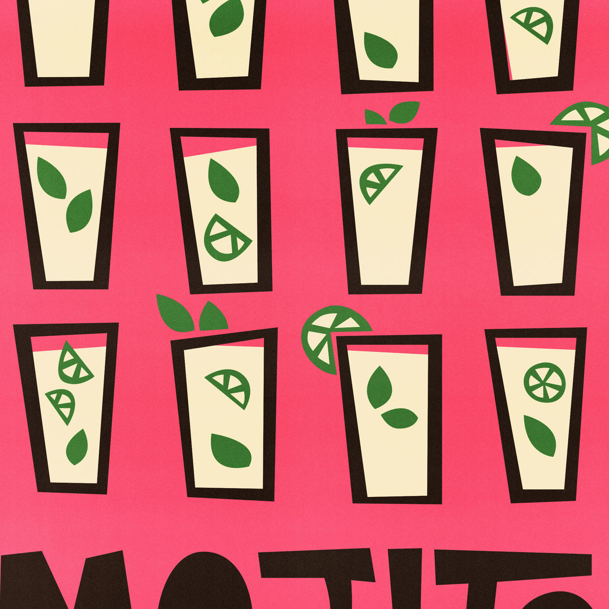 A repeating pattern of illustrated tall glasses filled with a pale pink drink, each decorated with green leaves and lime slices, on a bright pink background with partial bold dark text at the bottom.