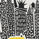 A close-up of a black-and-white graphic pattern featuring stylized skyscrapers and building silhouettes, with a small yellow shape visible at the bottom edge.