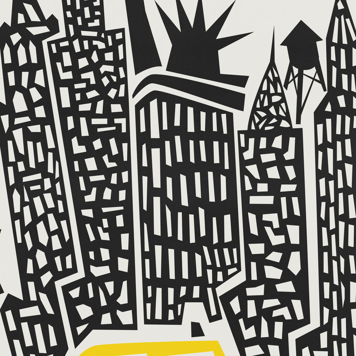 A close-up of a black-and-white graphic pattern featuring stylized skyscrapers and building silhouettes, with a small yellow shape visible at the bottom edge.