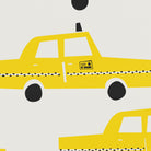 Yellow taxi car pattern on a light gray background, featuring stylized yellow cabs with black wheels, windows, and a dashed black-and-white stripe along the side.