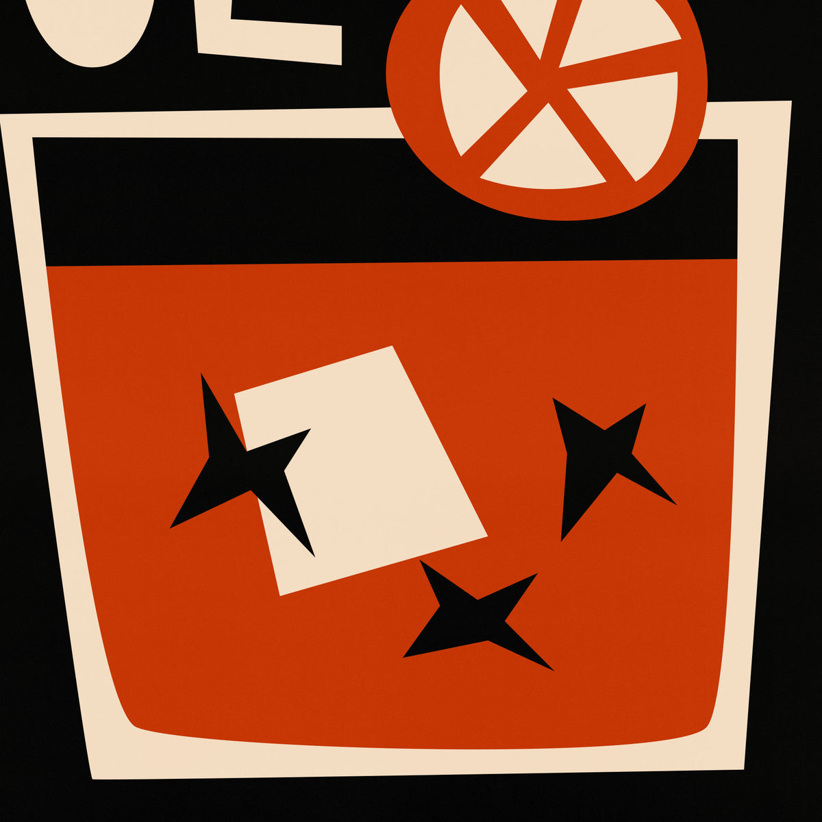 A stylized graphic illustration of a red-orange cocktail glass with black stars, a cream square, and an orange slice garnish on a black background.