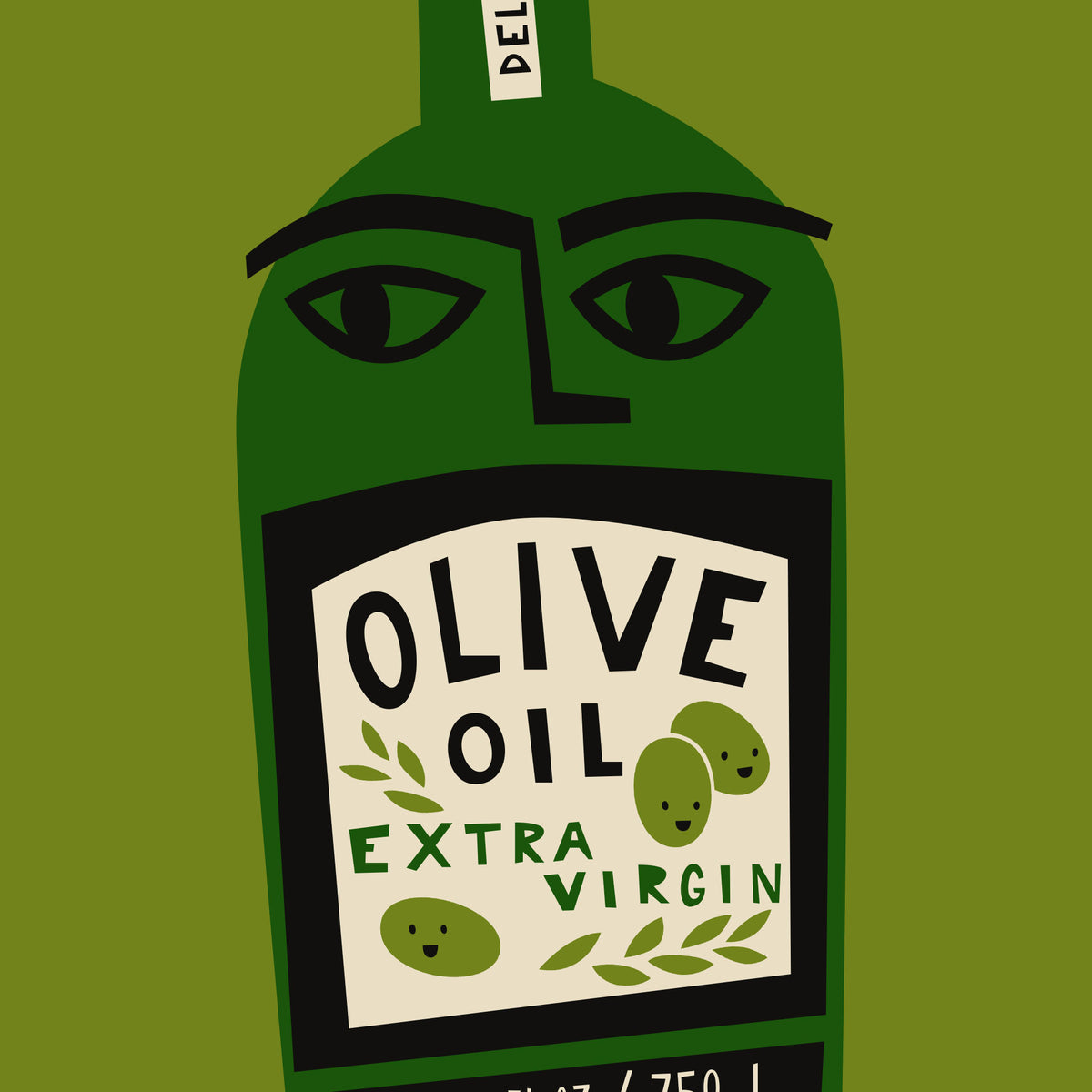 A stylized graphic illustration of a green olive oil bottle with a face on a solid olive green background. The label reads 'OLIVE OIL EXTRA VIRGIN' with simple drawings of olives and leaves.
