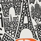 A close-up of a Paris-themed graphic print featuring stylized black silhouettes of landmarks including the Eiffel Tower, Notre Dame, and the Louvre on a light gray background, with a small orange shape at the bottom edge.