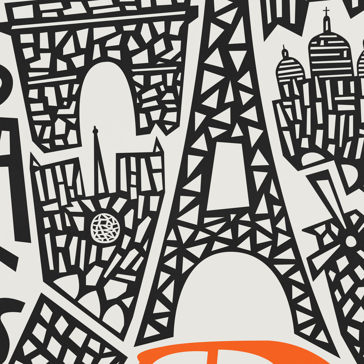 A close-up of a Paris-themed graphic print featuring stylized black silhouettes of landmarks including the Eiffel Tower, Notre Dame, and the Louvre on a light gray background, with a small orange shape at the bottom edge.