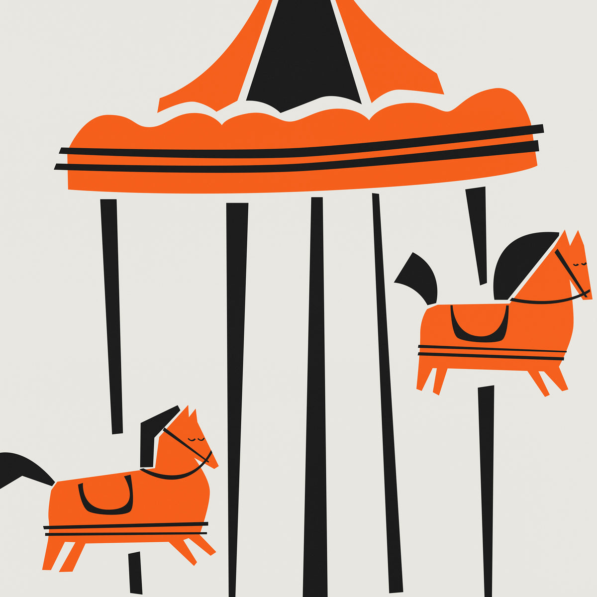 Minimalist illustration of a Parisian carousel with orange horses and a striped canopy on a light gray background.
