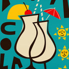 A retro-style graphic illustration featuring two overlapping cream-colored cocktail glasses with black outlines on a bright teal background. The design includes a red cherry on a straw, a red-and-white umbrella, yellow sun faces, and large dark brown abstract letterforms.