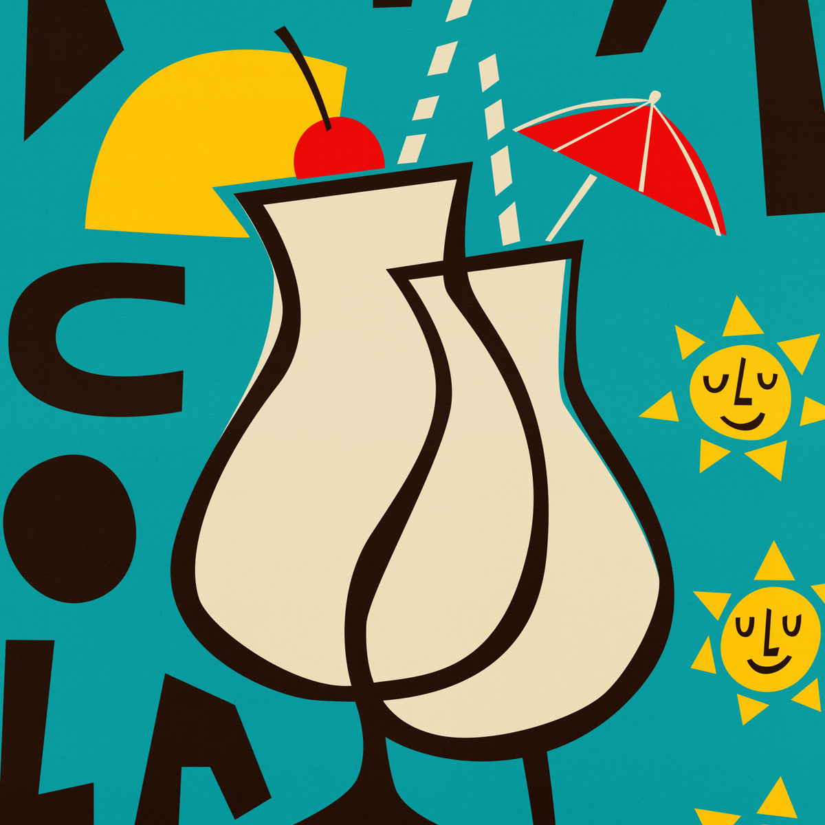 A retro-style graphic illustration featuring two overlapping cream-colored cocktail glasses with black outlines on a bright teal background. The design includes a red cherry on a straw, a red-and-white umbrella, yellow sun faces, and large dark brown abstract letterforms.