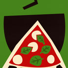 A stylized graphic illustration of a slice of pizza with green leaves and white circles on a red base, framed by a cream border against a green background with a dark brown shape behind it.