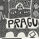 Black and white graphic art print featuring a stylized cityscape with the word 'PRAGUE' in bold letters, using abstract architectural shapes and patterns.