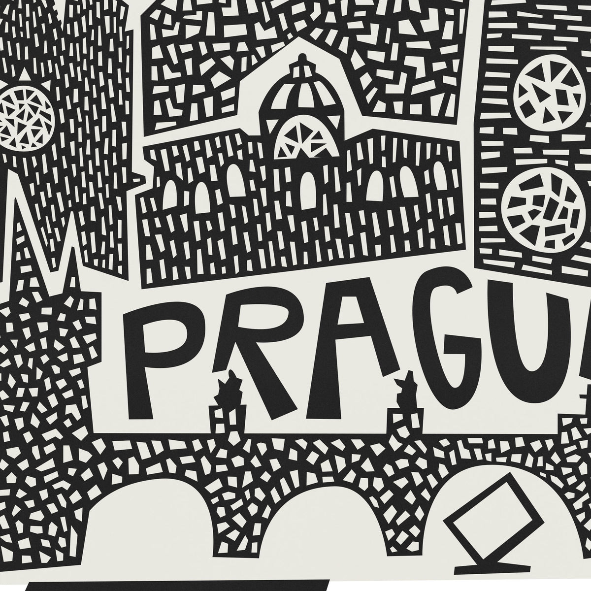 Black and white graphic art print featuring a stylized cityscape with the word 'PRAGUE' in bold letters, using abstract architectural shapes and patterns.
