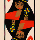 A stylized art print of a playing card face featuring a geometric figure in black, red, tan, yellow, and blue on a cream background.
