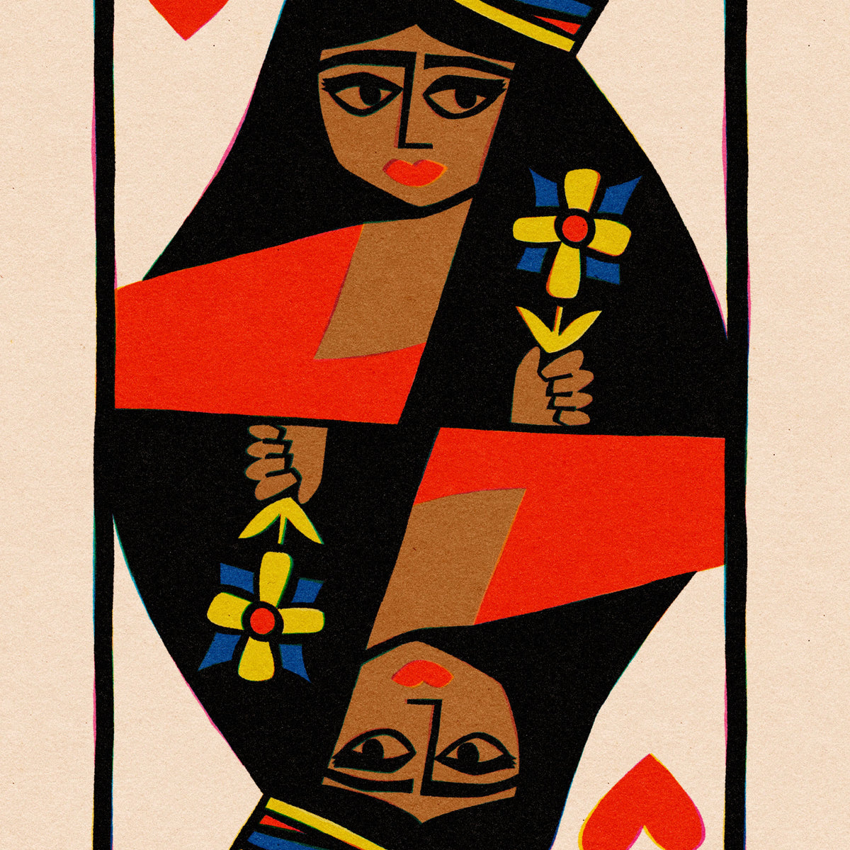A stylized art print of a playing card face featuring a geometric figure in black, red, tan, yellow, and blue on a cream background.
