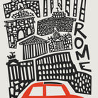 A graphic art print featuring black and white vector illustrations of iconic Rome landmarks, including the Colosseum, Roman Forum, and Trevi Fountain, with the word 'ROME' written vertically in bold black letters. A bright red car is illustrated at the bottom against a light gray background.