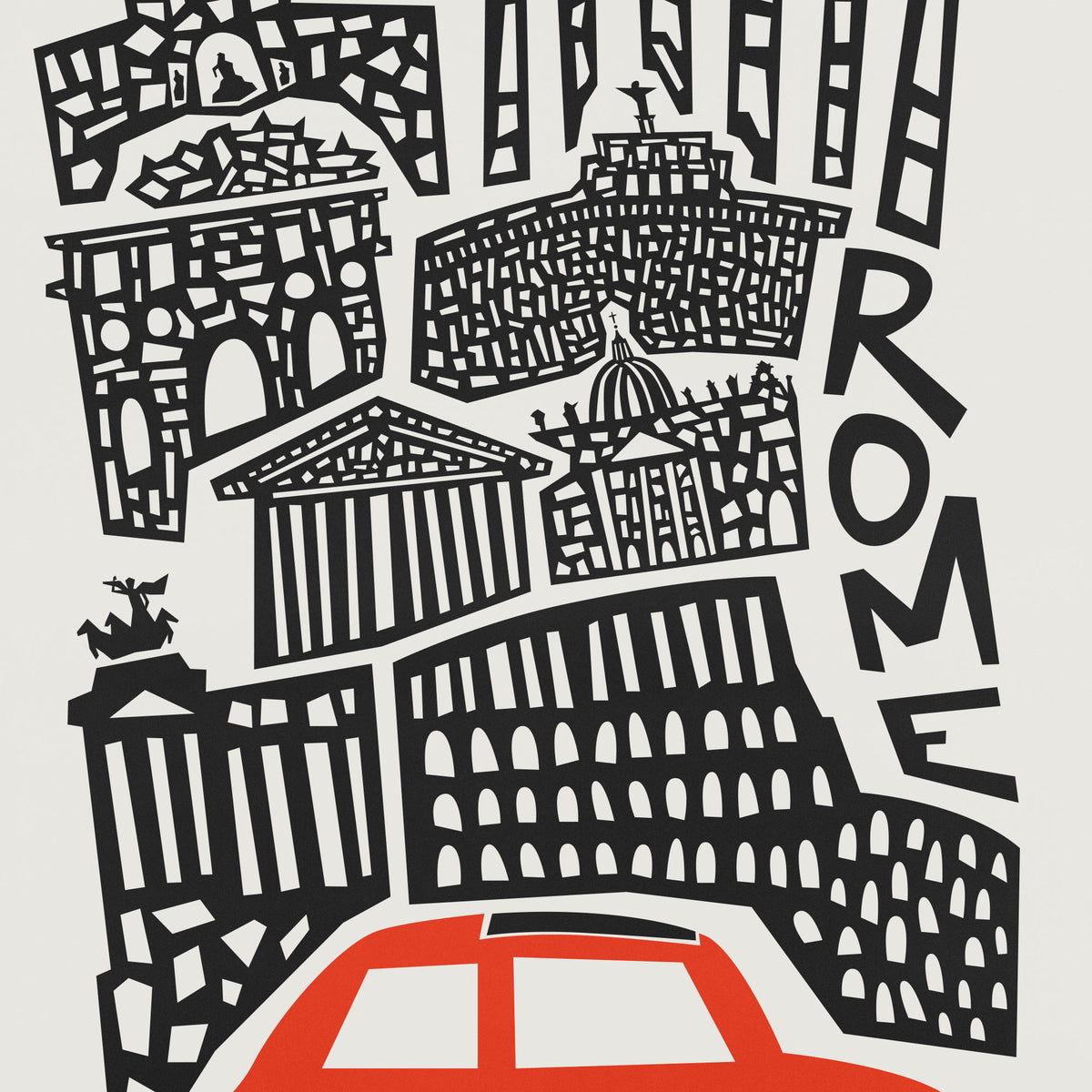 A graphic art print featuring black and white vector illustrations of iconic Rome landmarks, including the Colosseum, Roman Forum, and Trevi Fountain, with the word 'ROME' written vertically in bold black letters. A bright red car is illustrated at the bottom against a light gray background.
