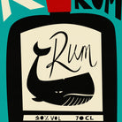 A stylized graphic print of a rum bottle label featuring a black whale silhouette and the word 'Rum' in script, with teal, cream, black, and red color blocking.