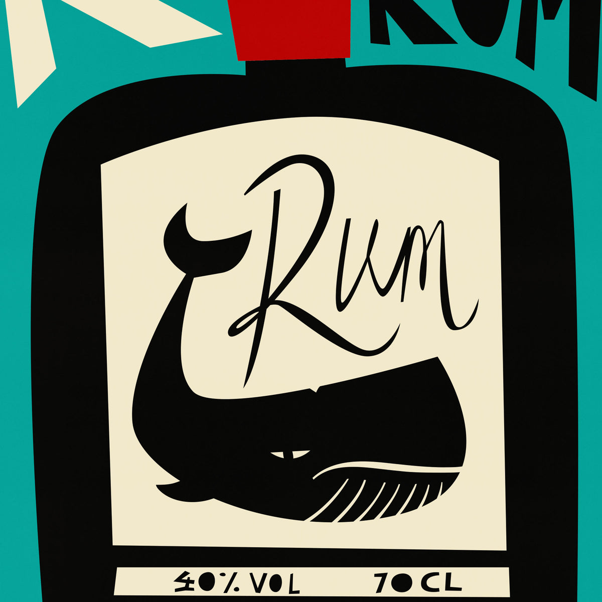 A stylized graphic print of a rum bottle label featuring a black whale silhouette and the word 'Rum' in script, with teal, cream, black, and red color blocking.
