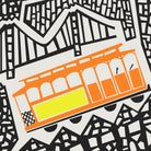A stylized graphic illustration of San Francisco and of an orange cable car with a bright yellow front panel, set against a black-and-white geometric cityscape background.