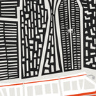A stylized black, white, and gray cityscape illustration featuring tall geometric buildings and a red-and-white tram along the bottom.