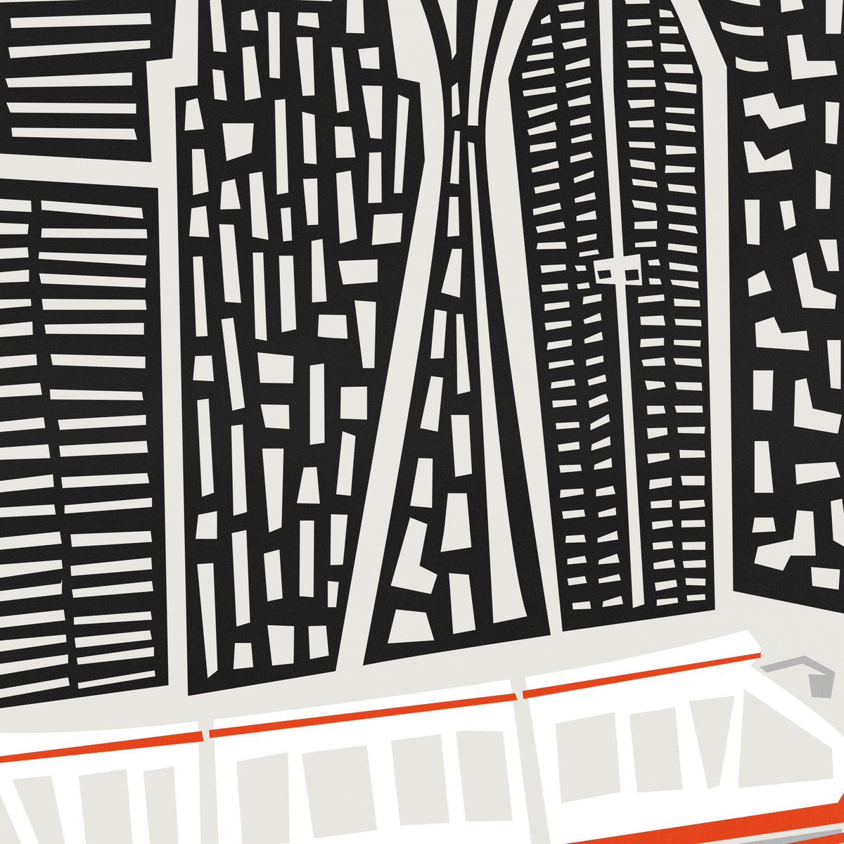A stylized black, white, and gray cityscape illustration featuring tall geometric buildings and a red-and-white tram along the bottom.