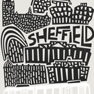 Black and white graphic print featuring stylized cityscape illustrations and the word 'SHEFFIELD' in bold lettering, with a white vehicle silhouette at the bottom.