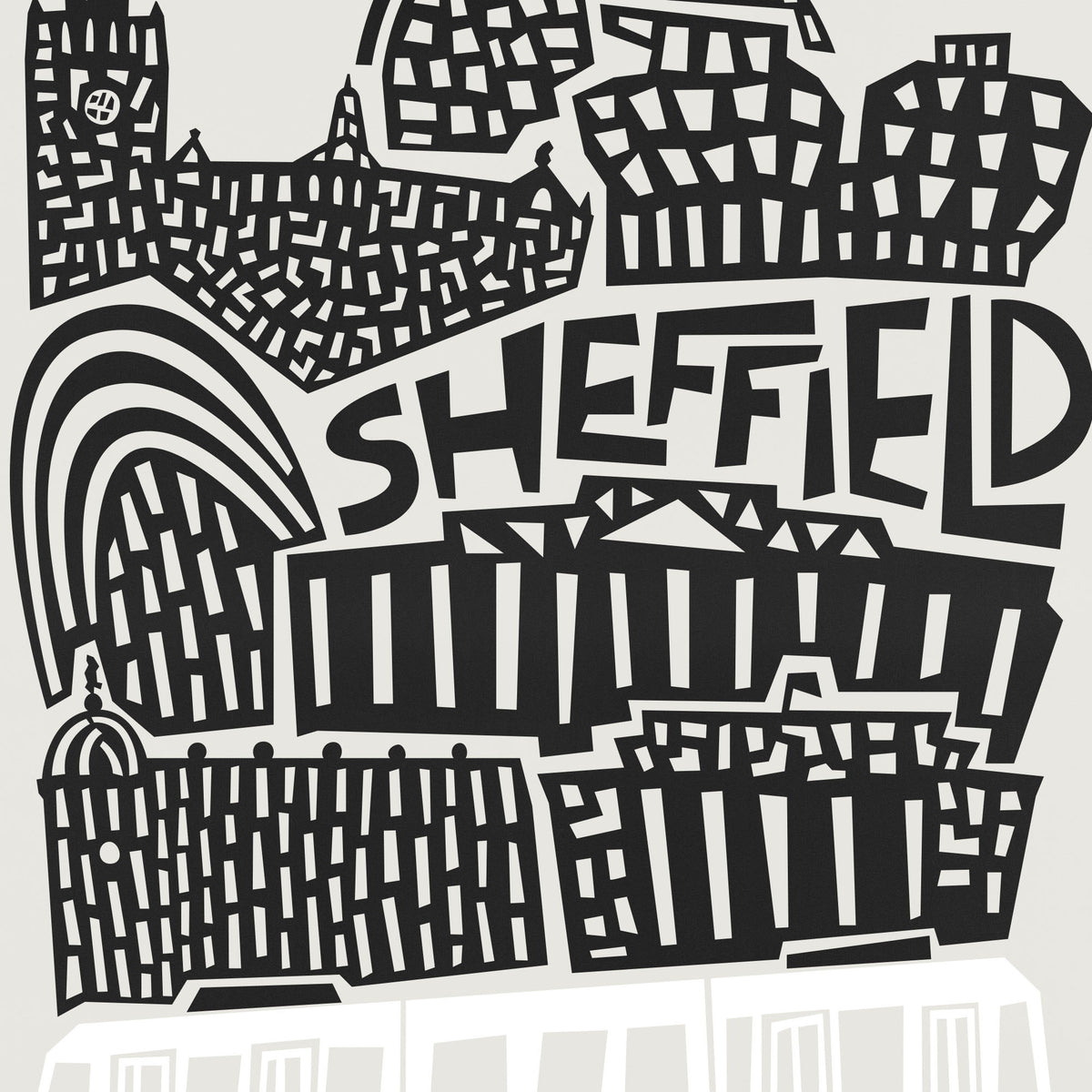 Black and white graphic print featuring stylized cityscape illustrations and the word 'SHEFFIELD' in bold lettering, with a white vehicle silhouette at the bottom.