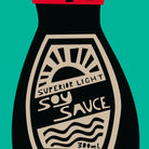 A stylized graphic of a soy sauce bottle on a solid teal background. The bottle is black with a beige label reading 'SUPERIOR LIGHT SOY SAUCE' and '300mL'.