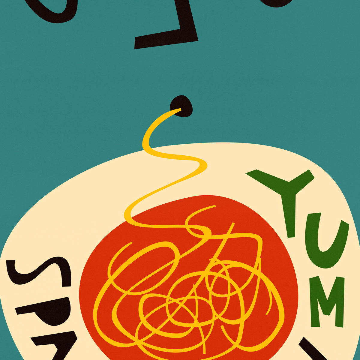 Close-up of a stylized food graphic featuring a round white plate or slice with a red center, tangled yellow lines, green lettering reading 'YUM', and partial black text on a teal background.