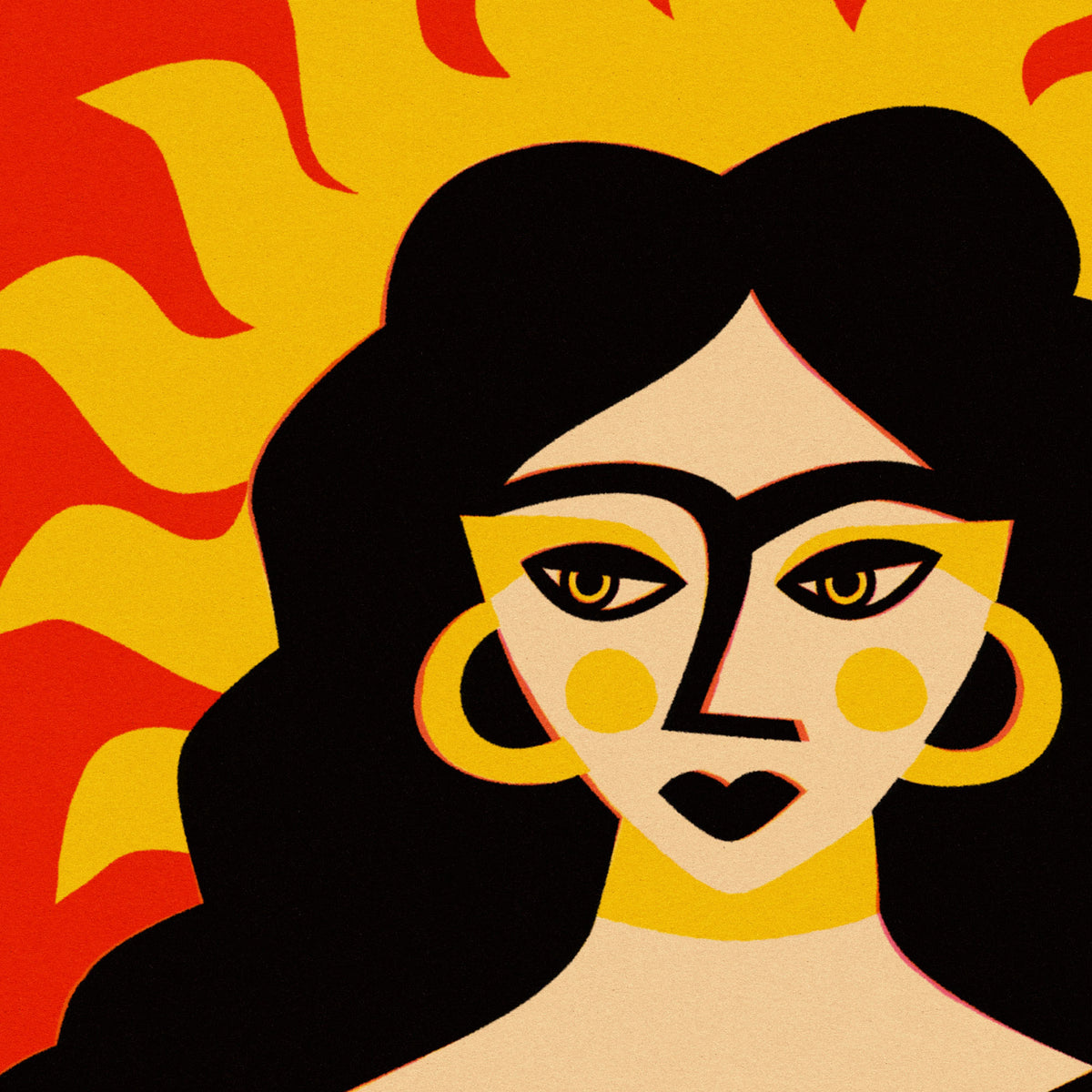 A stylized graphic portrait of a woman's face with bold black hair, yellow hoop earrings, and yellow cheek accents, set against a red and yellow flame-like background.
