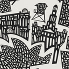 Black and white seamless pattern featuring stylized cityscape silhouettes including buildings, a tower, and leaf-like shapes on a light gray background.