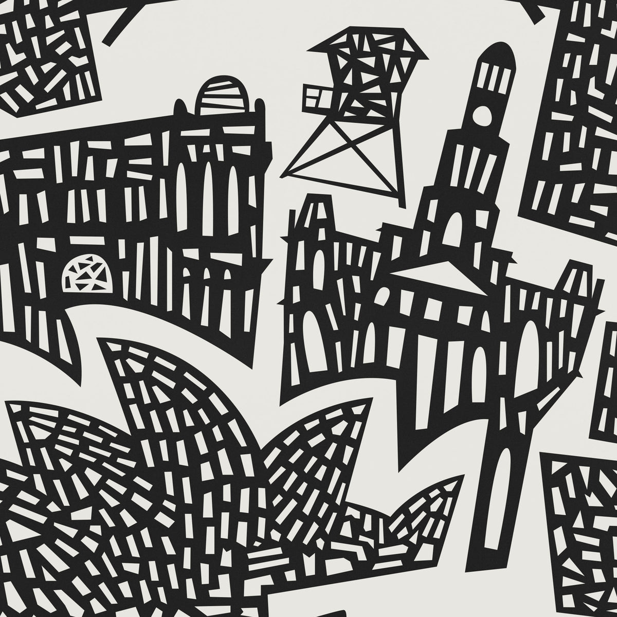 Black and white seamless pattern featuring stylized cityscape silhouettes including buildings, a tower, and leaf-like shapes on a light gray background.