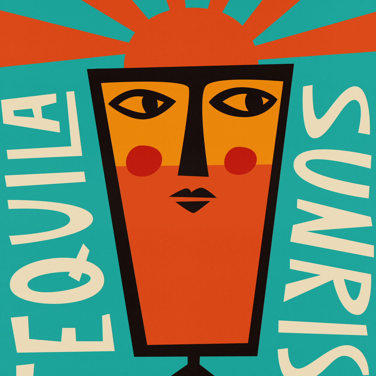 A stylized graphic print featuring a tall orange tequila glass with a face, set against a teal background with the words 'TEQUILA' on the left and 'SUNRISE' on the right.