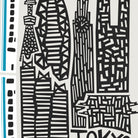 A black and white graphic illustration of Tokyo landmarks, including the Tokyo Tower, Tokyo Dome, and Tokyo Clock, rendered in a bold geometric patterned style.