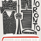 Toronto cityscape graphic print featuring stylized black buildings, the CN Tower, and the word TORONTO in large black letters on a light gray background, with a red-and-white bus silhouette along the bottom.