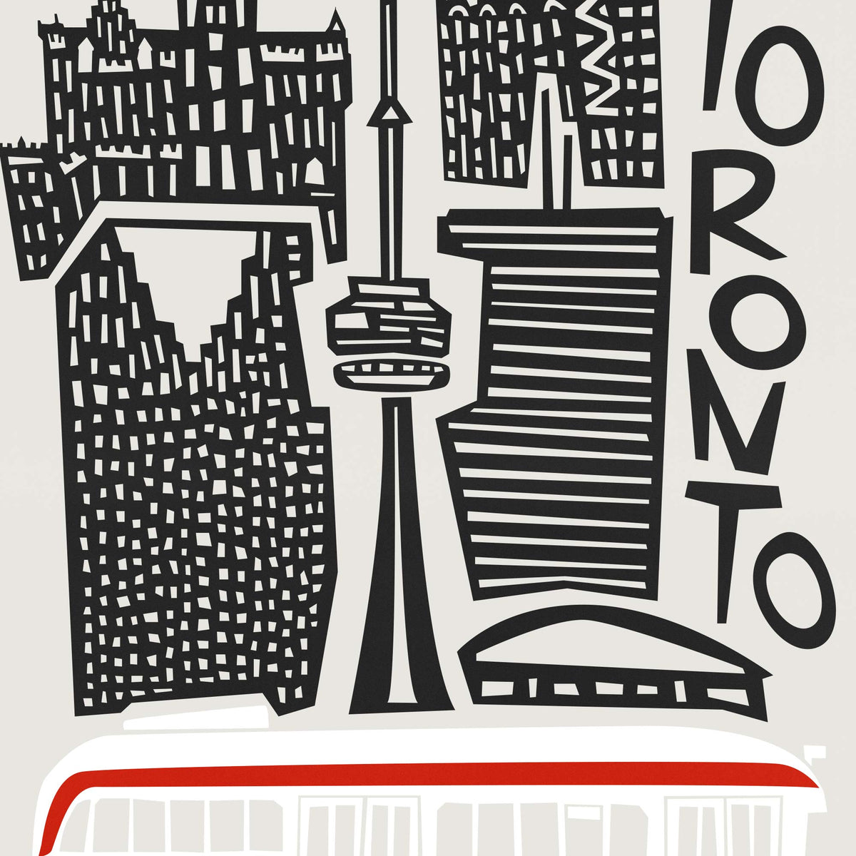 Toronto cityscape graphic print featuring stylized black buildings, the CN Tower, and the word TORONTO in large black letters on a light gray background, with a red-and-white bus silhouette along the bottom.