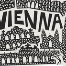 Black and white graphic print featuring the word 'VIENNA' in bold letters above stylized silhouettes of Vienna landmarks, including the Belvedere and a cathedral, with geometric patterns throughout.