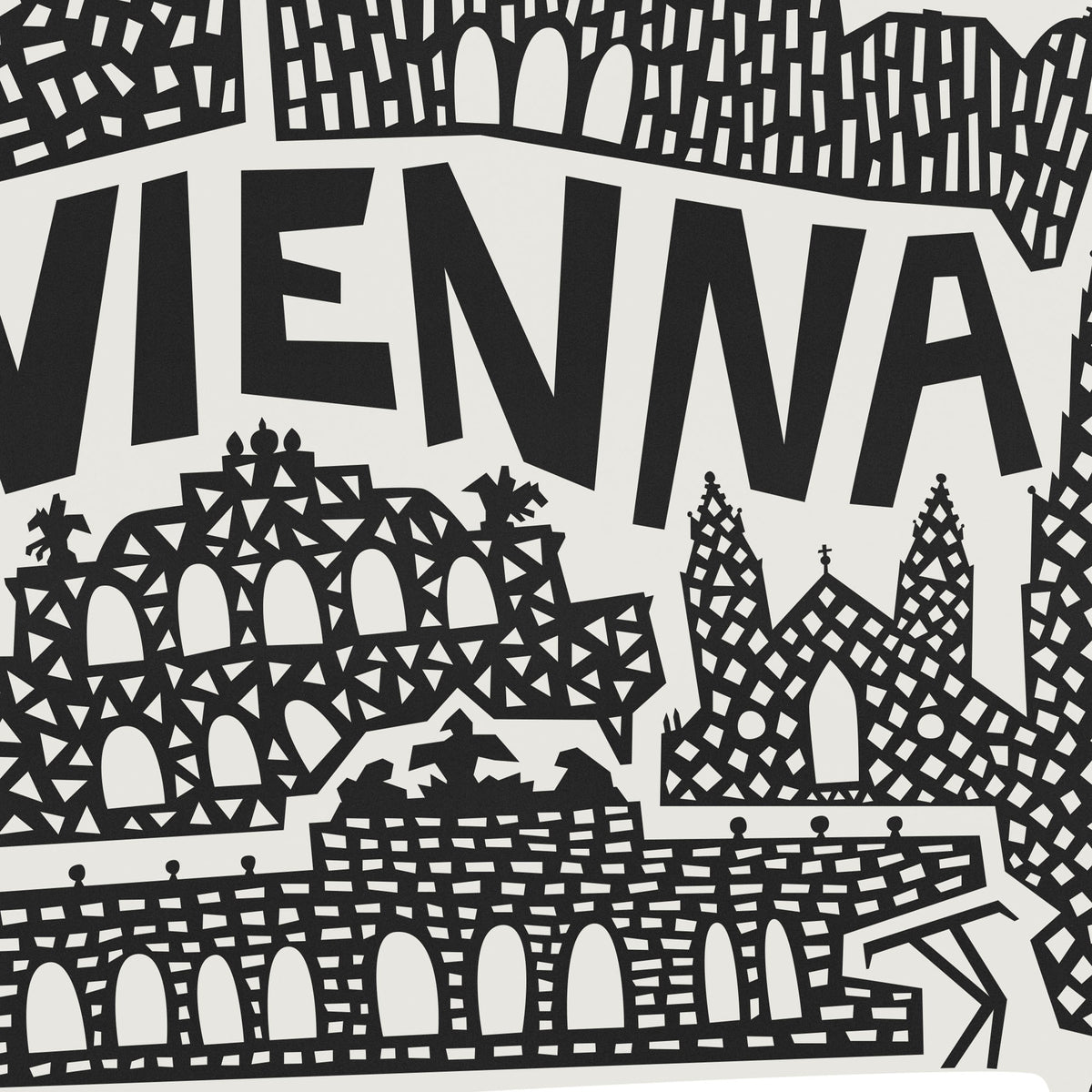 Black and white graphic print featuring the word 'VIENNA' in bold letters above stylized silhouettes of Vienna landmarks, including the Belvedere and a cathedral, with geometric patterns throughout.