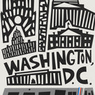 A black and white graphic art print featuring stylized silhouettes of Washington, D.C.