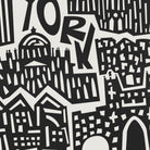 Black and white graphic art print featuring stylized city buildings and large abstract lettering spelling 'YORK'.